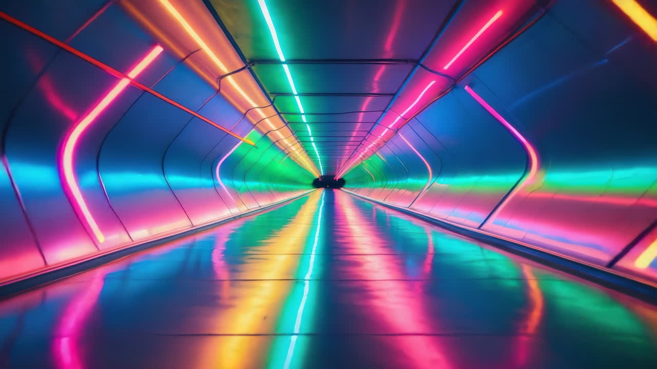 Vibrant Neon Light Tunnel with Reflections