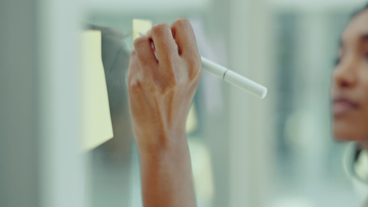 Writing, glass and business woman with notes