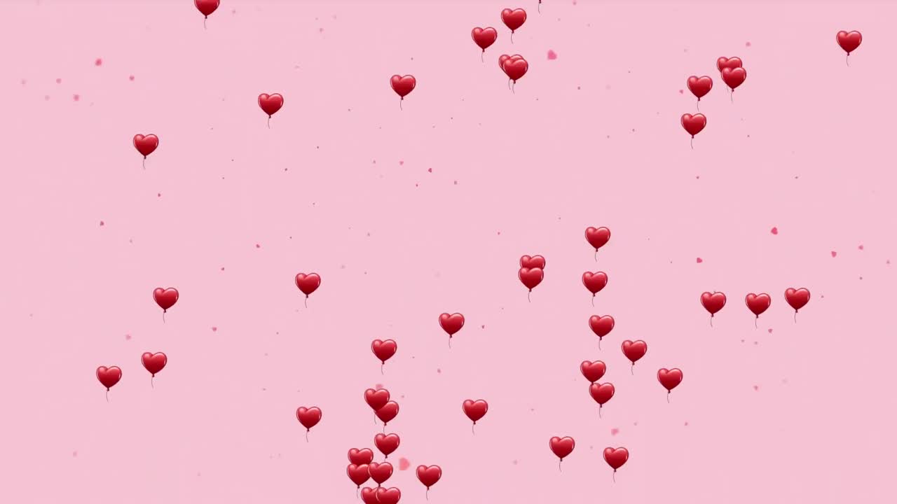 분홍색 배경에 떠다니는  ⁇ 은 심장 아이콘의 애니메이션