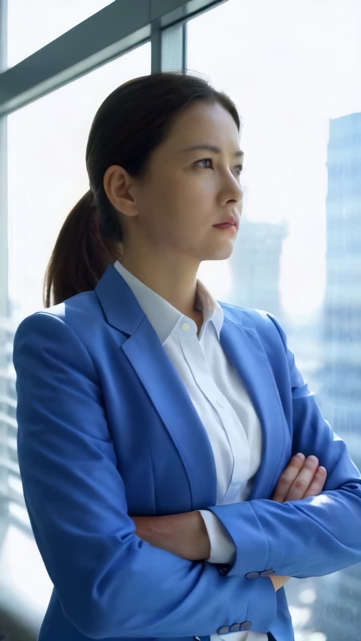 Asian young female executive in blue suit looking out the window of his modern office.