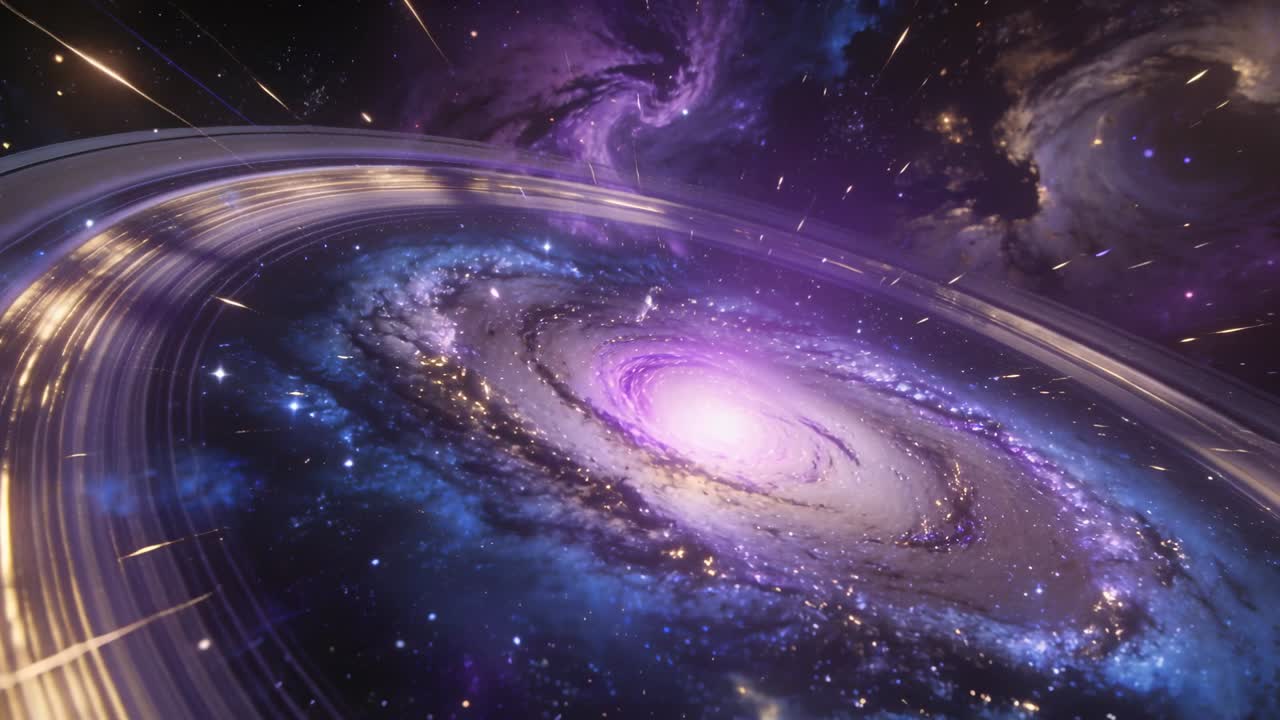 Galassia a spirale rotante che mostra un nucleo viola e bracci blu nello spazio, con un anello arcuato e strisce.