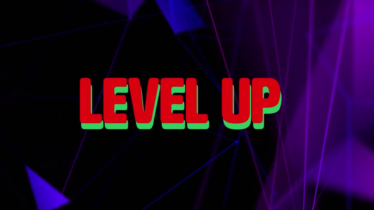 Digital animation of level up against purple network of connection against black background