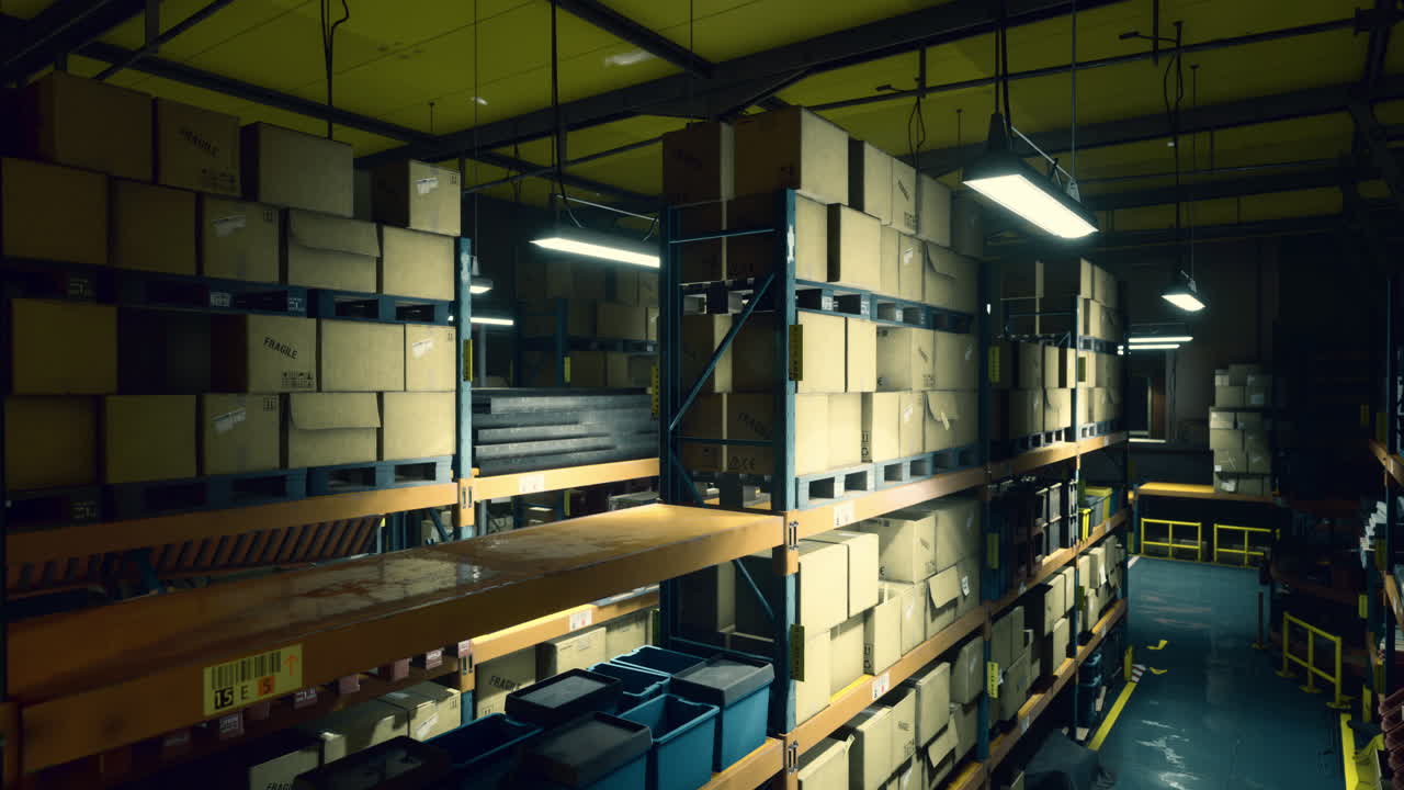 Dimly lit warehouse with shelves and storage boxes at midday