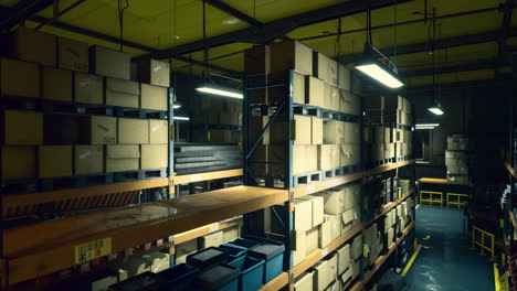 dimly lit warehouse with shelves and storage boxes at midday