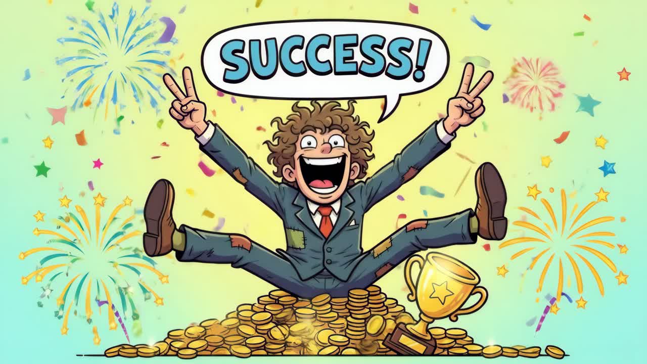 Cartoon Businessman Celebrating Success with Gold Coins and Trophy