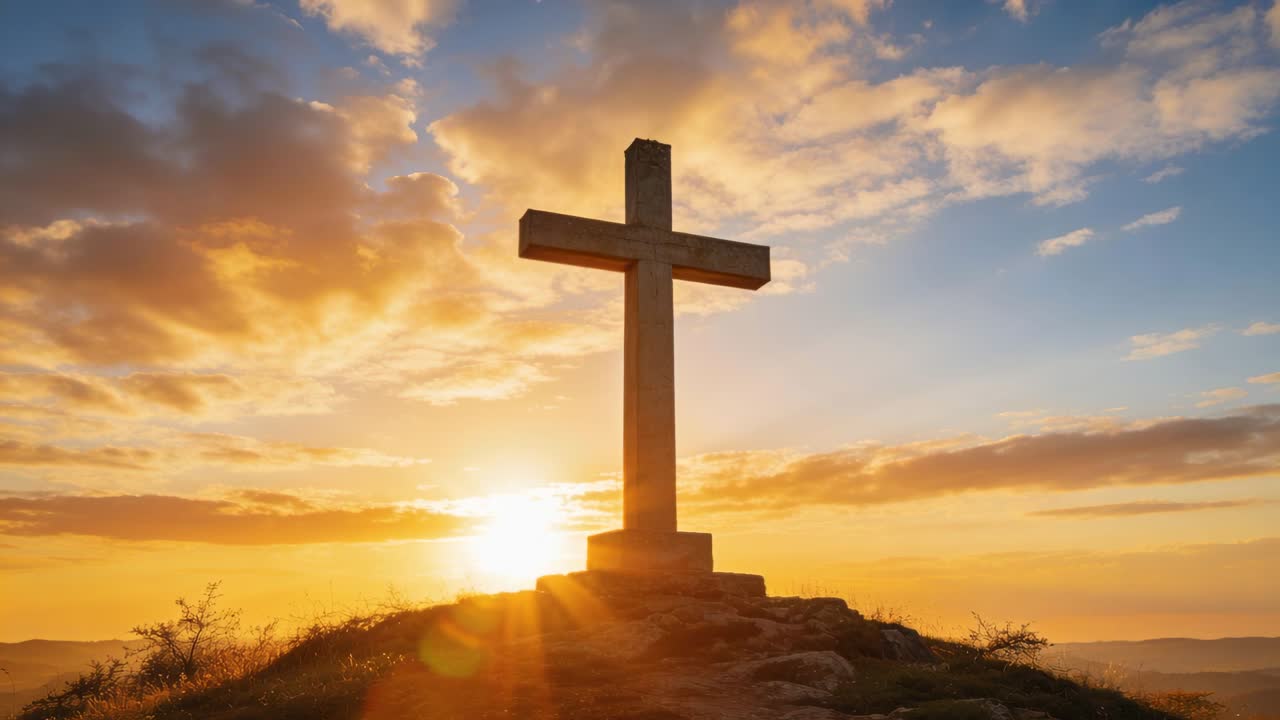 Il sole nascente che si muove dietro una croce retroillumina una sagoma, con un bagliore dell'obiettivo che illumina le nuvole, simboleggiando la fede