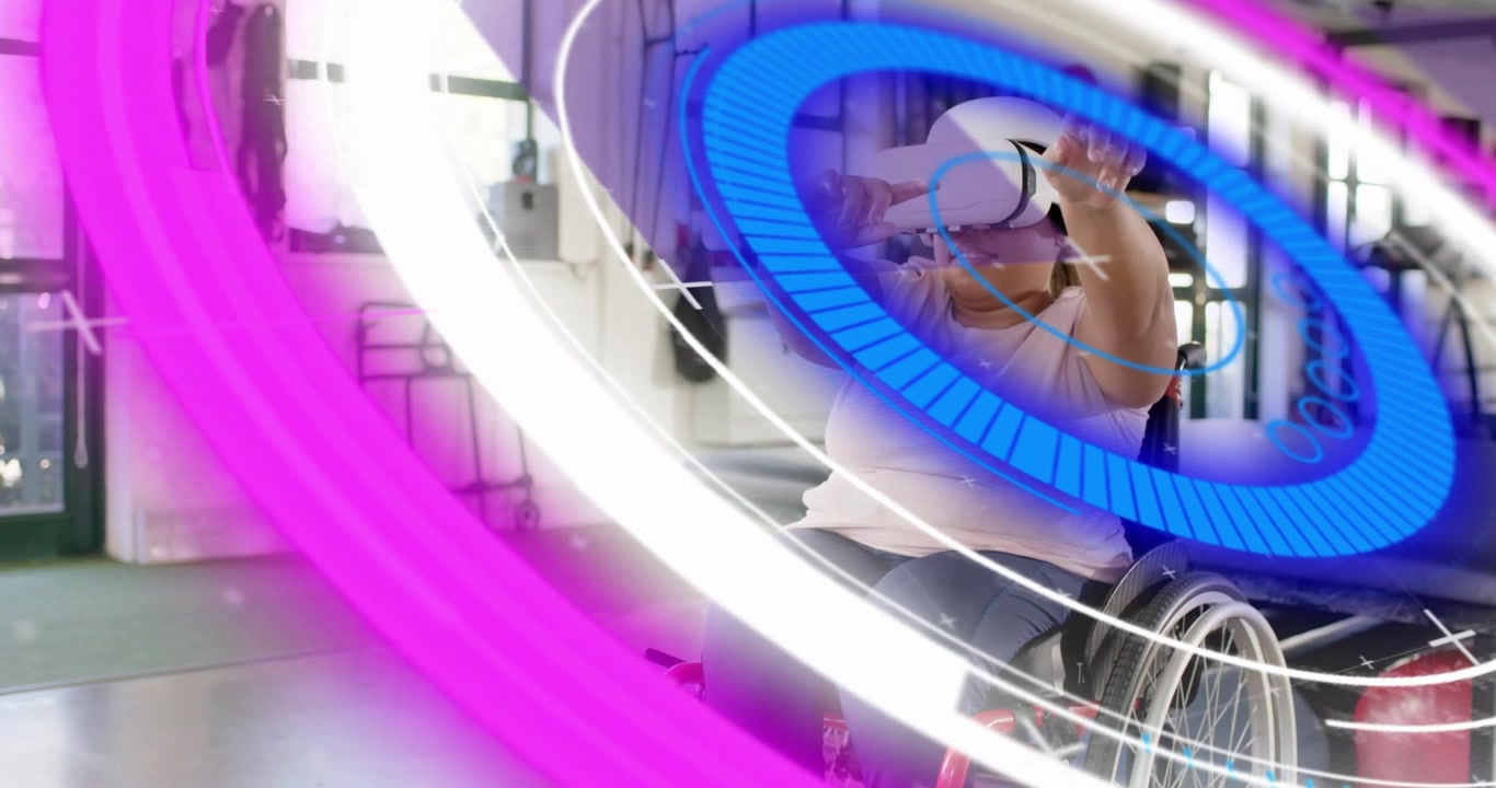 Woman in wheelchair adjusting VR headset at rehab gym, activating neon rings boosting arm therapy