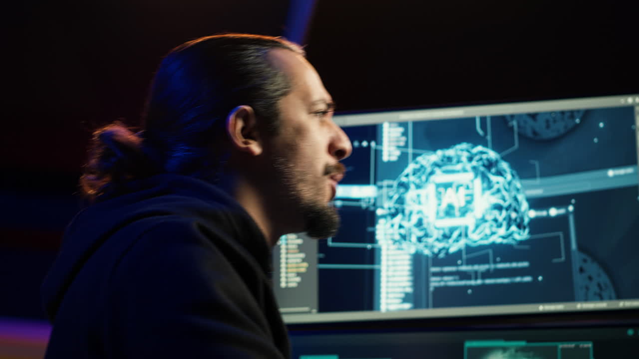 Close up of scammer using artificial intelligence to compromise digital devices