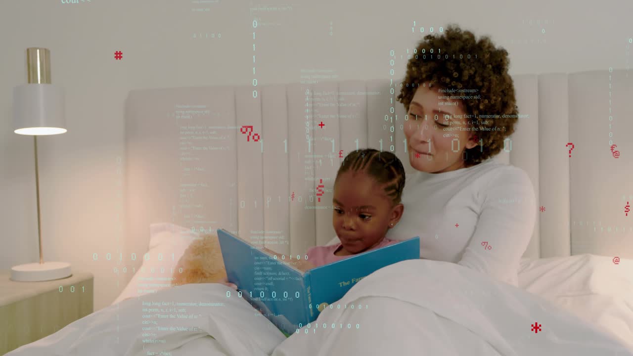 Adult woman holding child reading blue book on bed opening pages sparking code overlay for learning
