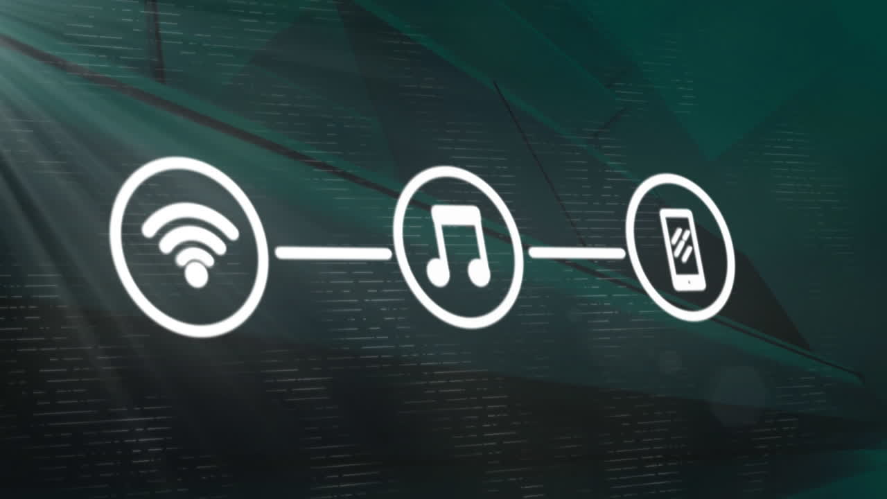 animação de wi-fi branco conectado e ícones de mídia,com feixes de luz em fundo escuro