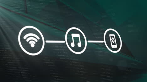 animación de iconos de wifi y medios blancos conectados,con haces de luz sobre un fondo oscuro