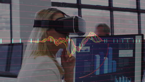 Person using virtual reality headset with financial data animation overlay
