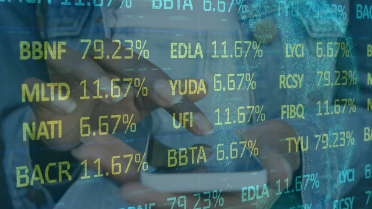 Animation of financial data processing over woman using smartphone
