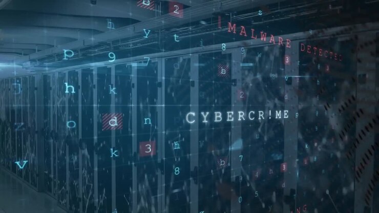 Animation of data processing and hacking texts over server room