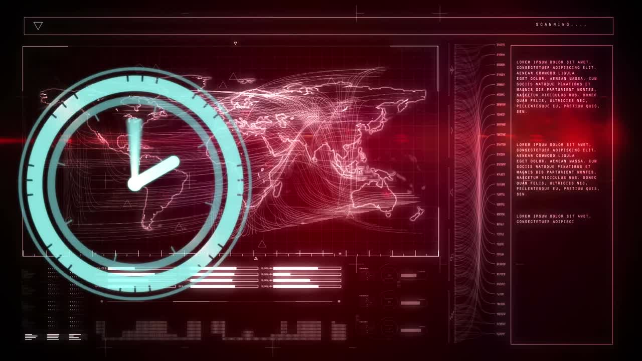animación de un reloj que se mueve rápido y procesamiento de datos en pantalla digital