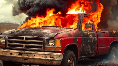 a red pickup truck is on fire in a field