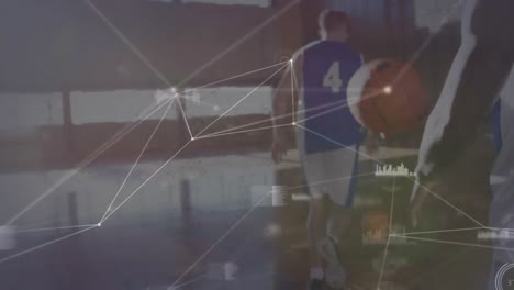 Animation-of-network-of-connections-over-diverse-group-of-male-basketball-players