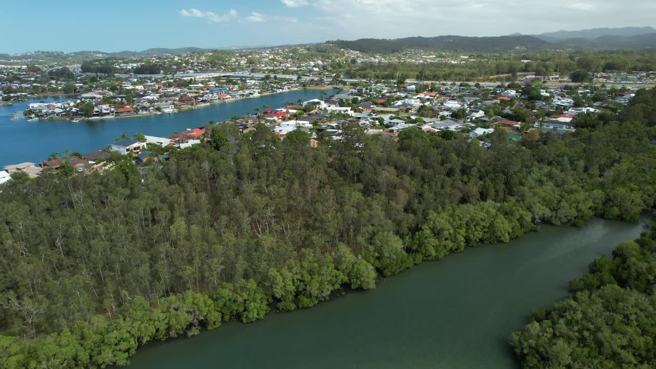 Coastal Suburbs, Tallebudgera Creek With Green Vegetation In Palm Beach, Queensland, Australia - Drone Shot