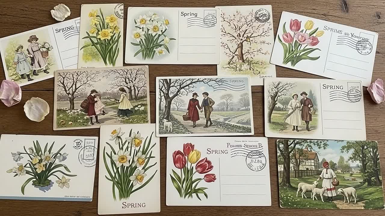A Collection of Vintage Spring-Themed Postcards Featuring Beautiful Floral Illustrations and Charming Seasonal Scenes from a Bygone Era