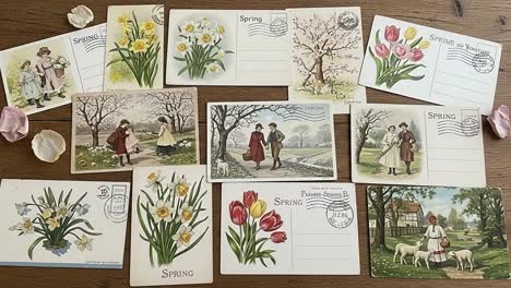 a collection of vintage spring-themed postcards featuring beautiful floral illustrations and charming seasonal scenes from a bygone era