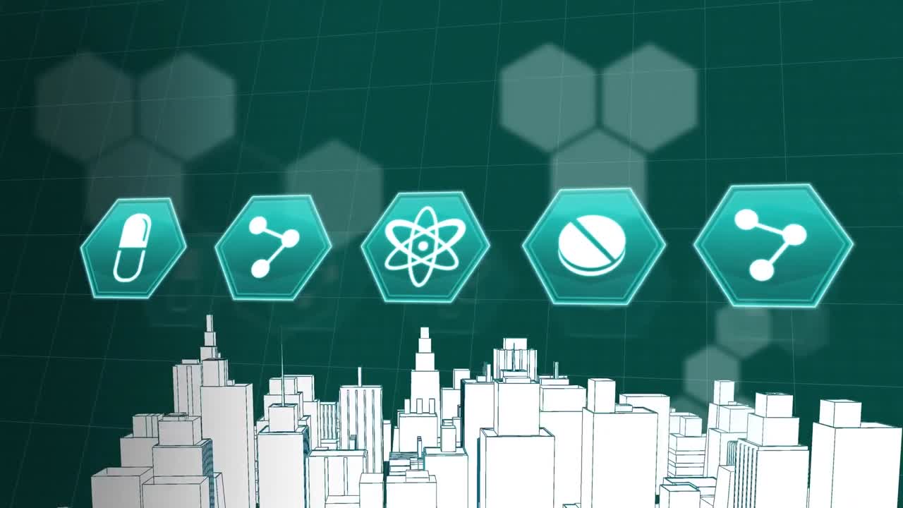 녹색 배경에 디지털 도시 위의 의료 아이콘의 애니메이션