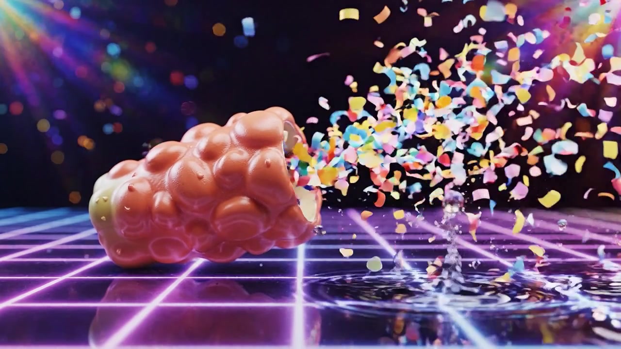 Un'esplosione di colori: Vivaci coriandoli esplodono da un oggetto giocoso a forma di bolla su uno sfondo a griglia al neon, catturando una dinamica celebrazione di colori.