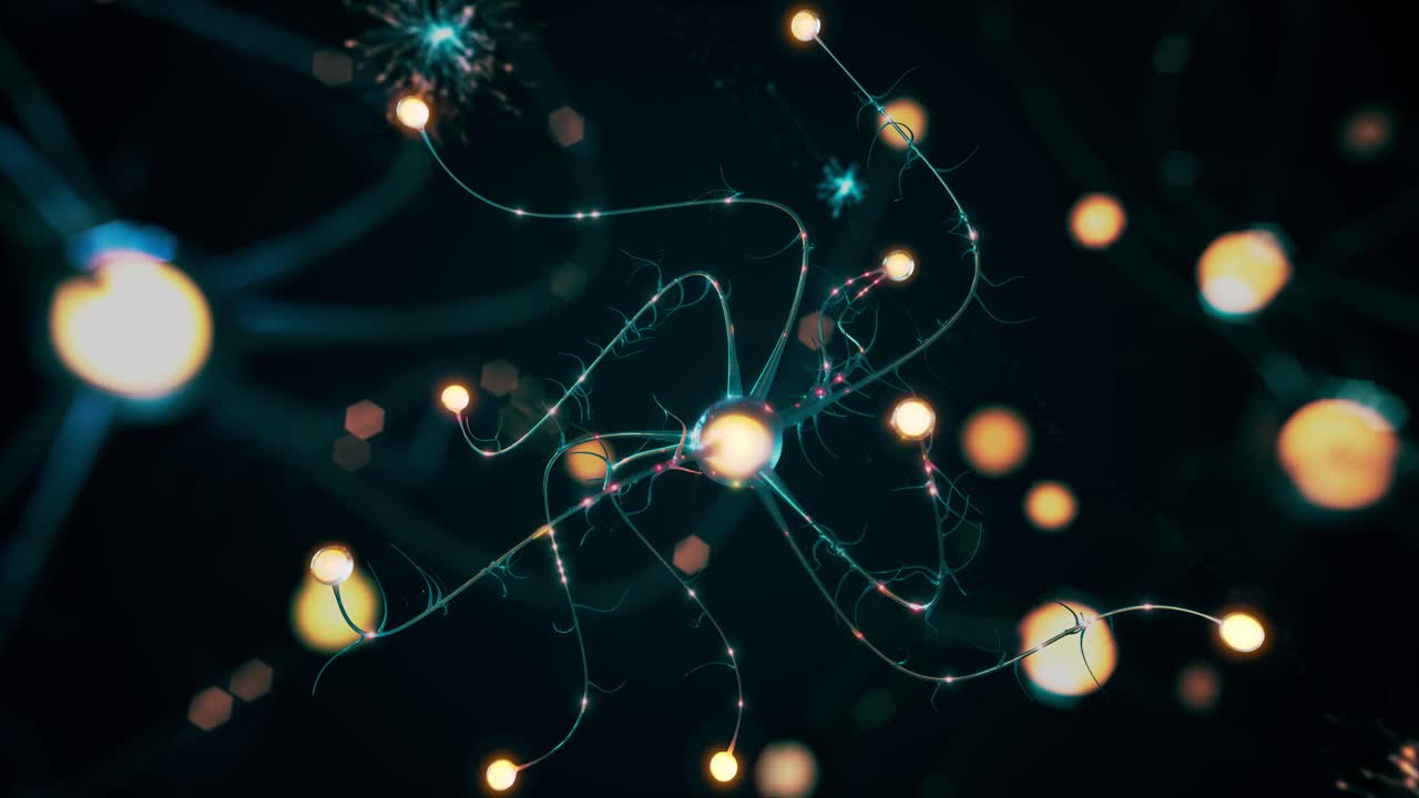 Dark bioluminescent neural network flickering with ominous signals