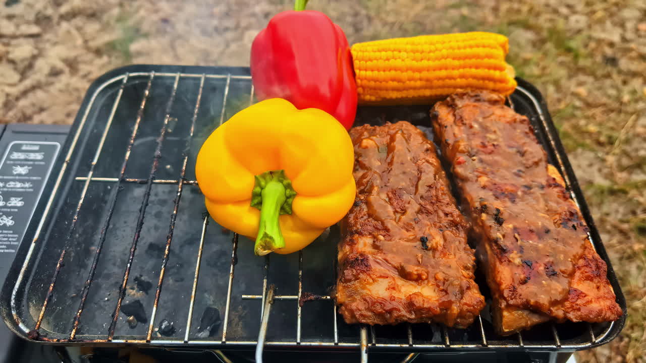 Fresh vegetables and meat grill over an open fire at a campsite by the water, with gear nearby