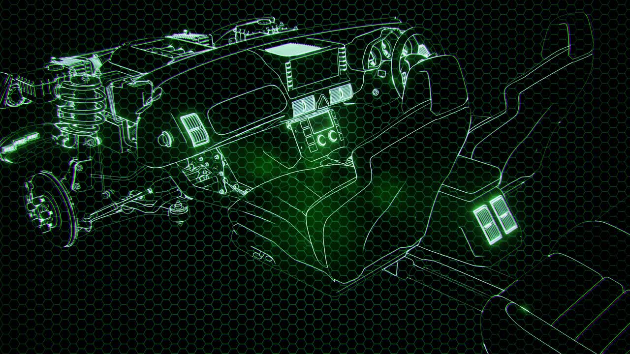 Holographic animation of 3D wireframe car model with engine