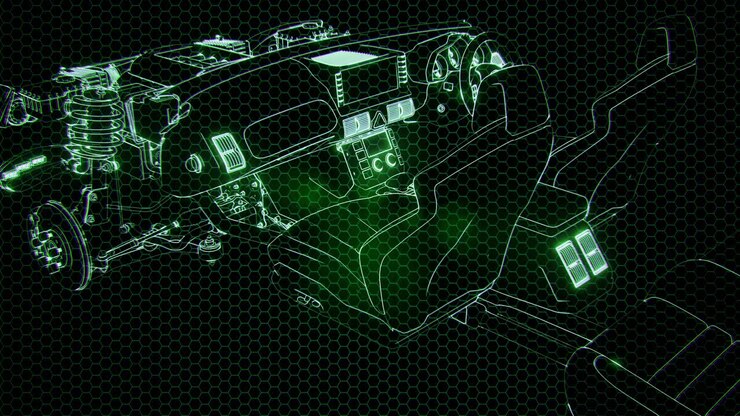 Holographic animation of 3D wireframe car model with engine