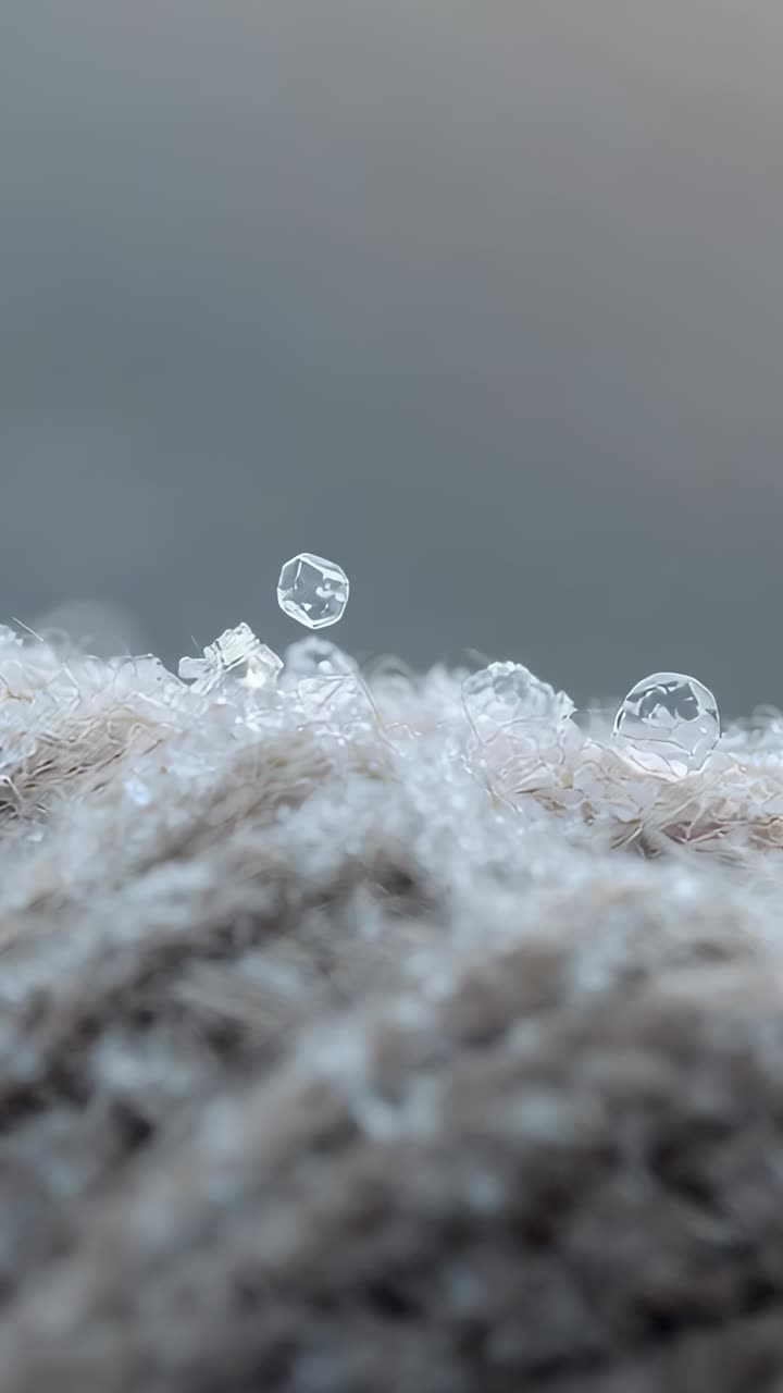 Video verticale: goccioline ghiacciate e cristalli di ghiaccio che si formano su un tessuto a maglia all'aperto durante una leggera nevicata