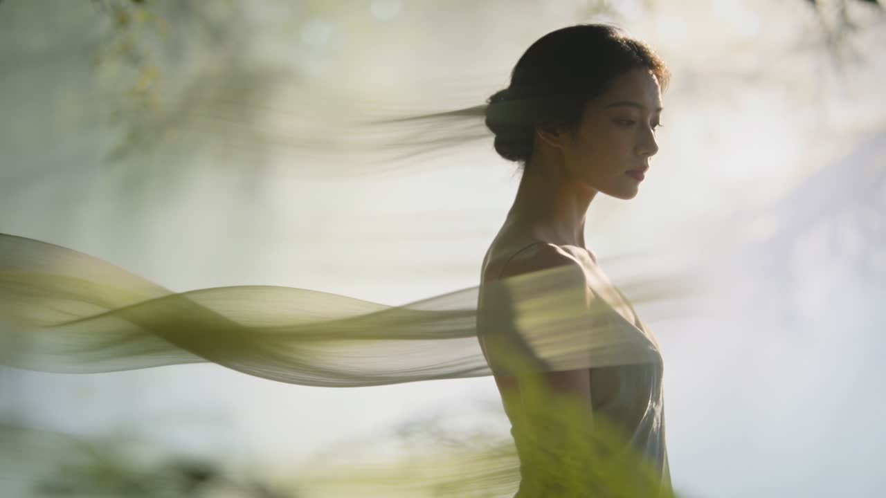 Standing Asian woman at garden edge in green dress while breeze lifting scarf left, copy space