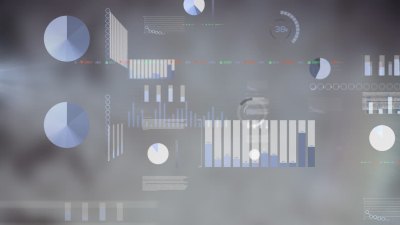 Animation of multiple graphs, loading circles and trading board over abstract background