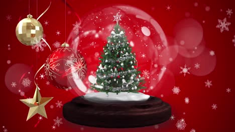 Animation-of-baubles-and-decorated-christmas-tree-in-snow-globe,-with-falling-snowflakes,-on-red