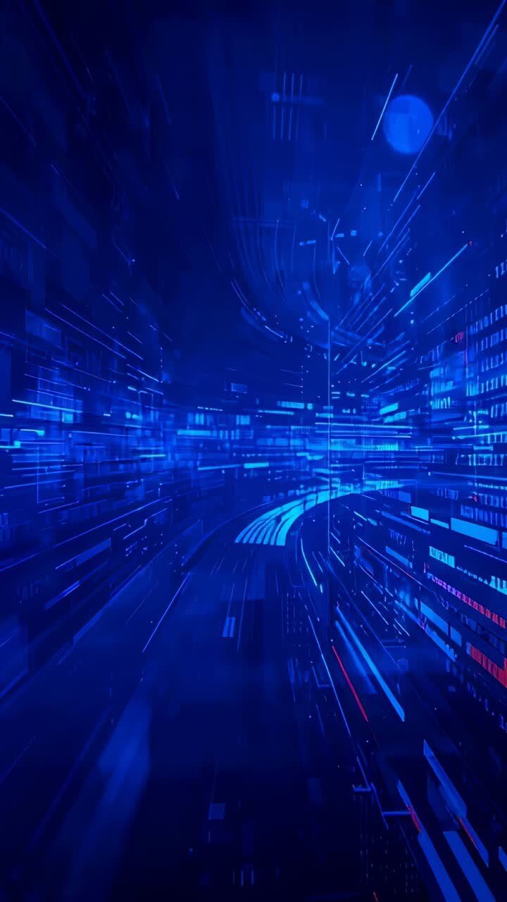 Vertical video: Speeding neon track reacting to user approach into blue data tunnel, with cyan beam