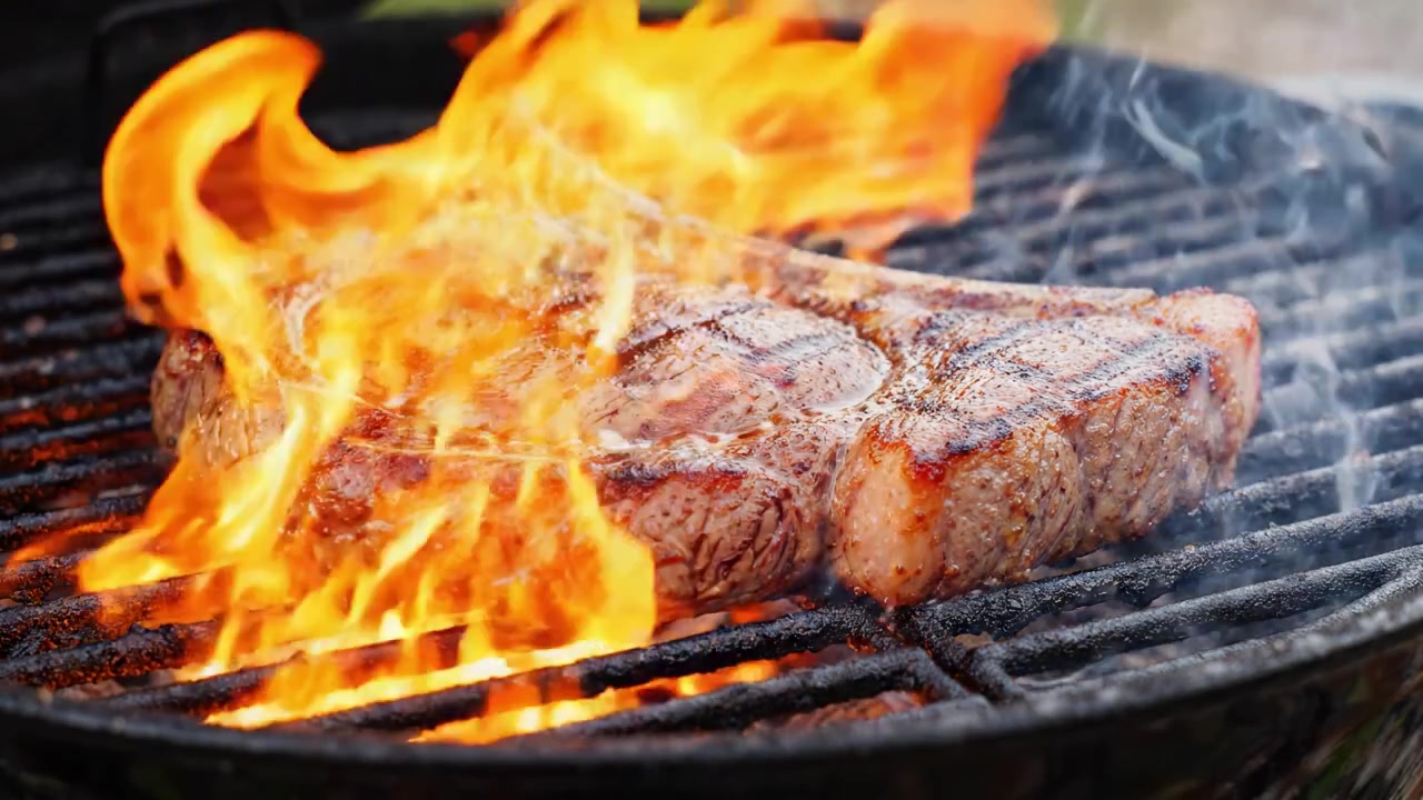 Una succulenta bistecca Tomahawk, perfettamente grigliata, che sfrigola sul barbecue, esaltando il sapore con un aroma affumicato e una consistenza carbonizzata per un'esperienza culinaria suprema.