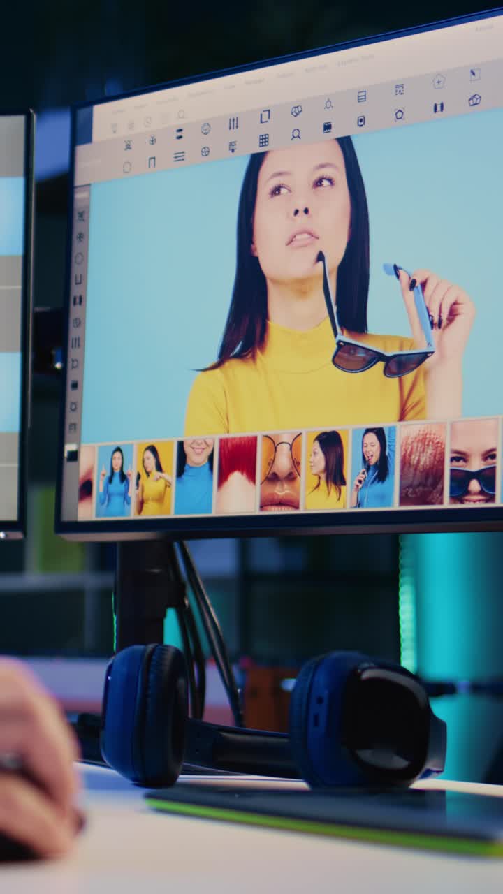 Vertical video Expert editing photos in advertising agency office, close up shot