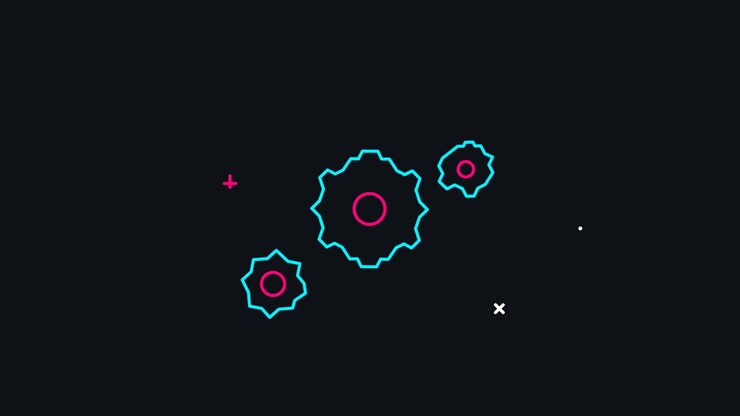 Animated Neon Gear Icons Rotating on Dark Background
