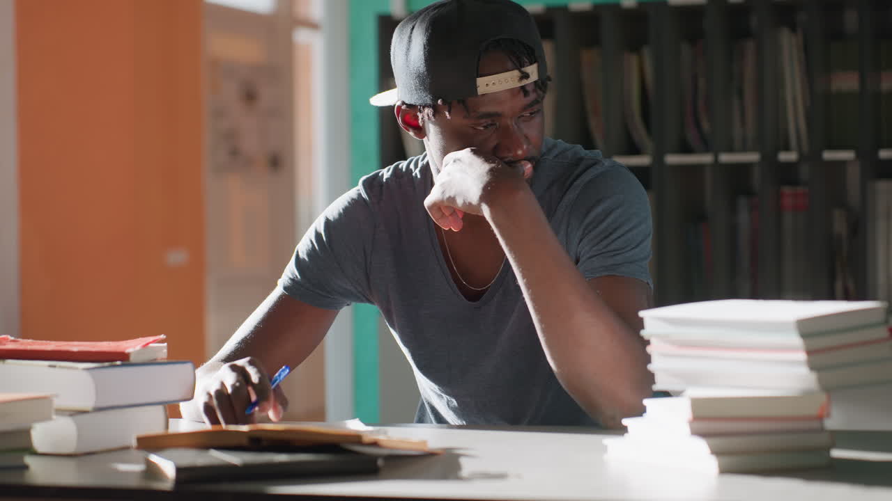 Adult wearing cap sits in library studying and writing at table with stacks of books, pens in hand, looking thoughtful, teal and orange walls and shelves behind