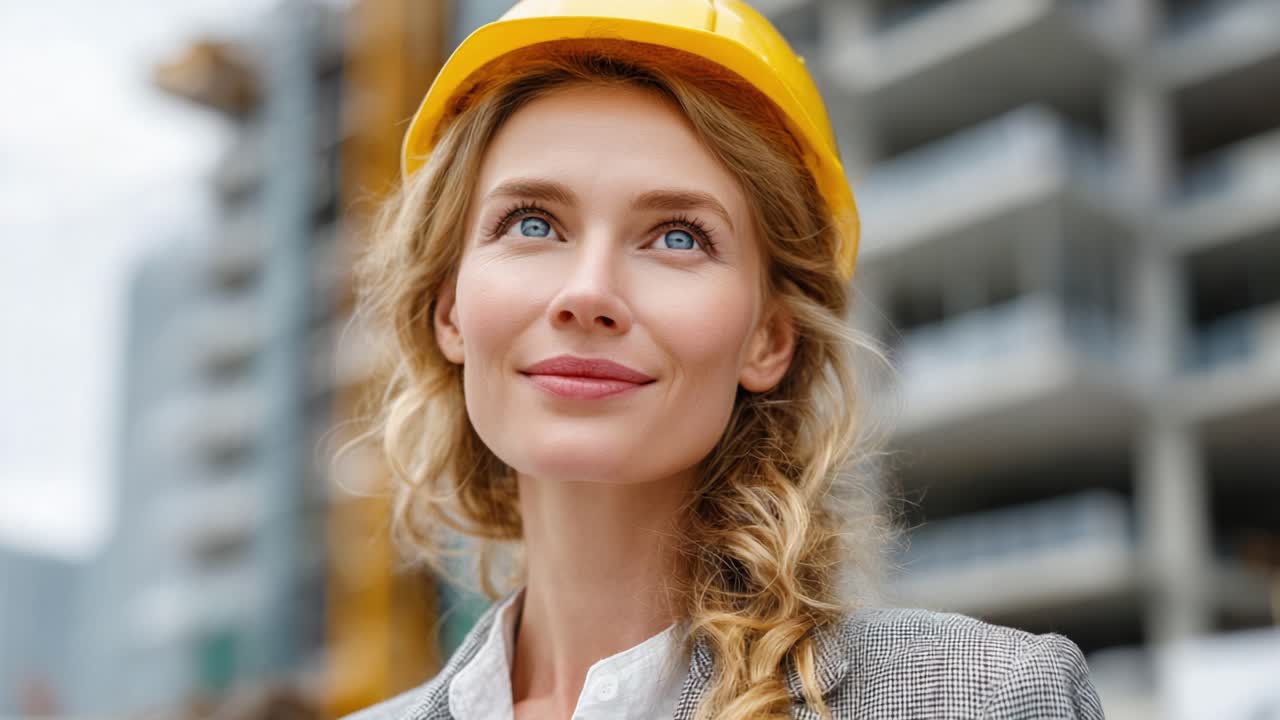 A Confident Woman in a Yellow Hard Hat Looks Upward, Symbolizing Strength and Determination in the Construction Industry, Inspiring Future Generations of Female Professionals
