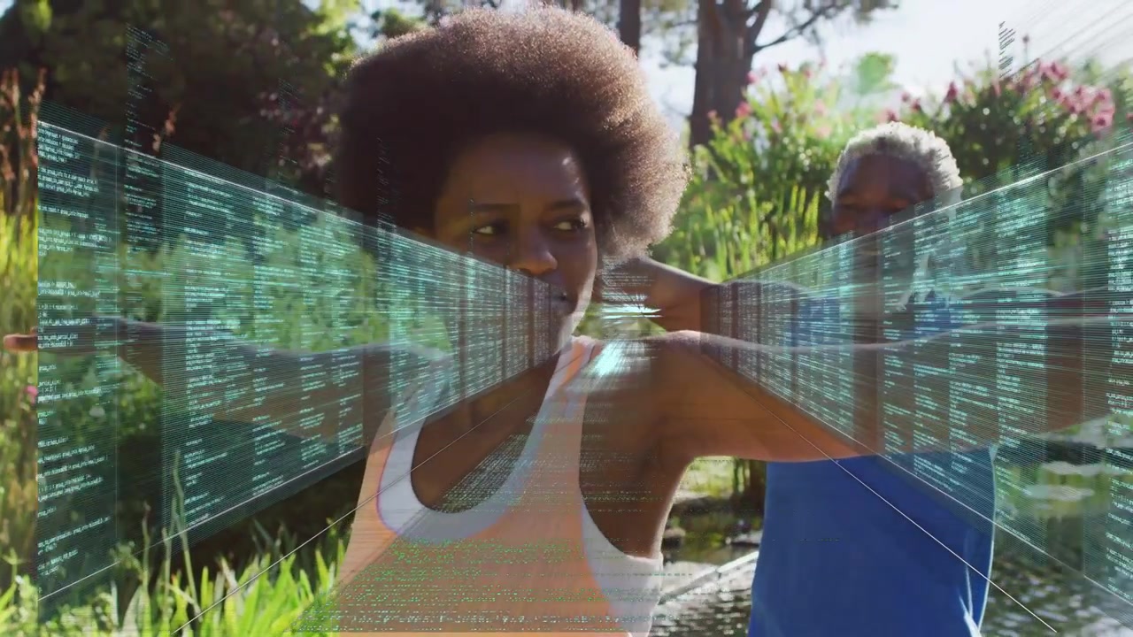 Coach guiding woman stretching in garden, AR overlay appearing, tracking limb movement for fitness