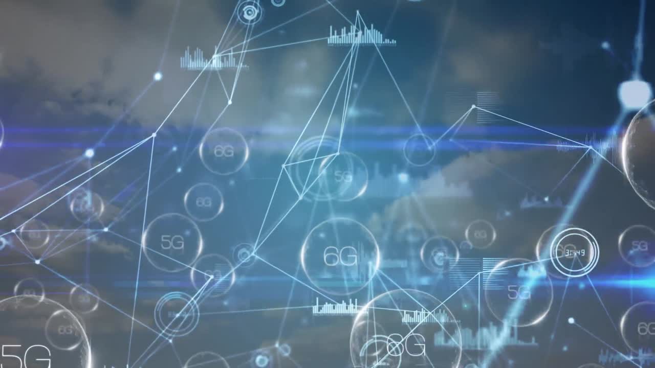 연결 네트워크의 애니메이션과 구름이 있는 하늘 위의 5g 텍스트