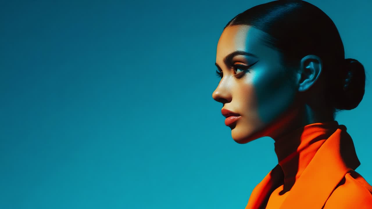 A Stylish Portrait of a Woman Exuding Confidence and Elegance Against a Vibrant Blue Background, Highlighting Her Distinctive Facial Features and Striking Profile in a Fashionable Orange Outfit