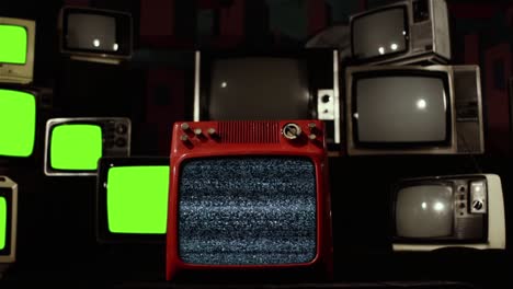 retro televisions turning on and off green screens. 4k.