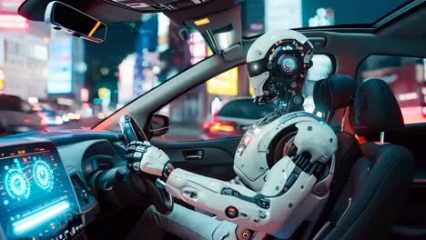 a robot sitting in the driver's seat of a car