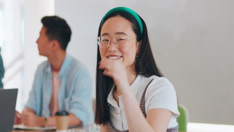 face, business and asian woman in meeting