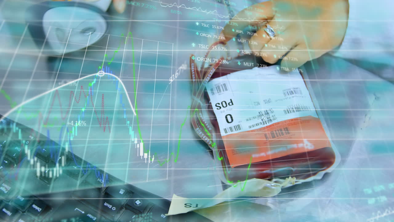 표류 다이어그램과 데이터 처리의 애니메이션 백인 의사 스캐닝 혈액 봉투