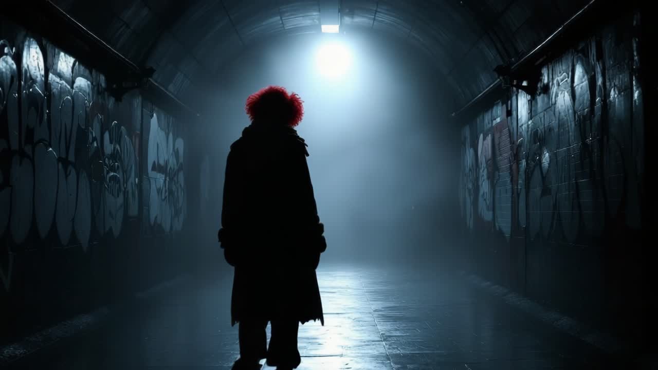 Mysterious figure with red hair walks through a dimly lit tunnel, creating an eerie atmosphere