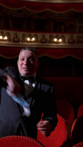 happy actor puts off medical mask and throws it. man in costume sitting in the empty theatrical hall and invites joyfully to come to performance. the end of pandemic. vertical video