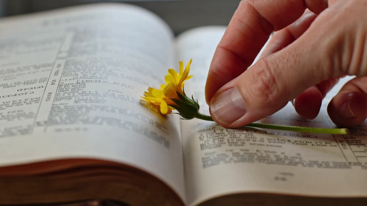 Una mano entra da destra, abbassa e preme una margherita gialla su un libro aperto vicino alla finestra, salvando il fiore.